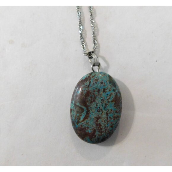 Turquoise Brown Stone Necklace Fishhook Pierced Earrings 20" Silver Tone Chain - Picture 5 of 12